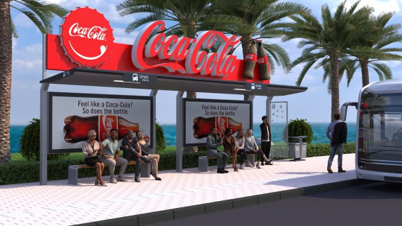 开放式候车亭配有巴士时刻表和广告牌